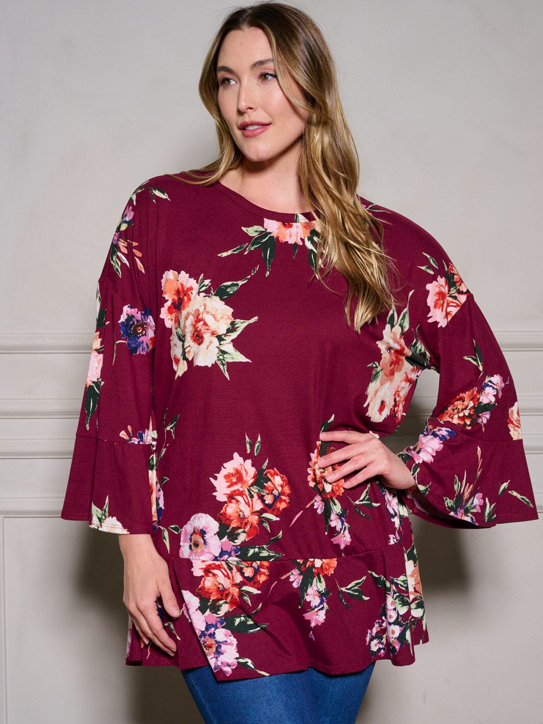PLUS SIZE LONG RUFFLE SLEEVE FLORAL TUNIC BLOUSE TOP