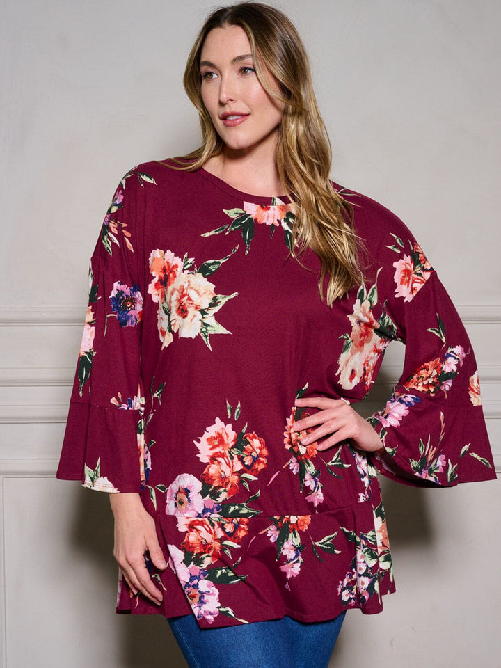 PLUS SIZE LONG RUFFLE SLEEVE FLORAL TUNIC BLOUSE TOP