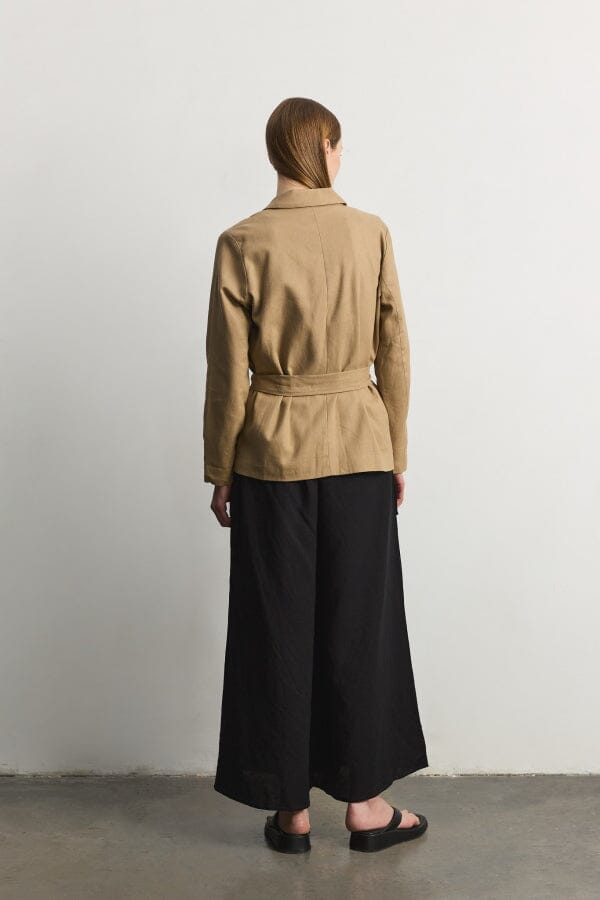 WOMEN'S LONG SLEEVE OPEN FRONT POCKETS SELF TIE BLAZER