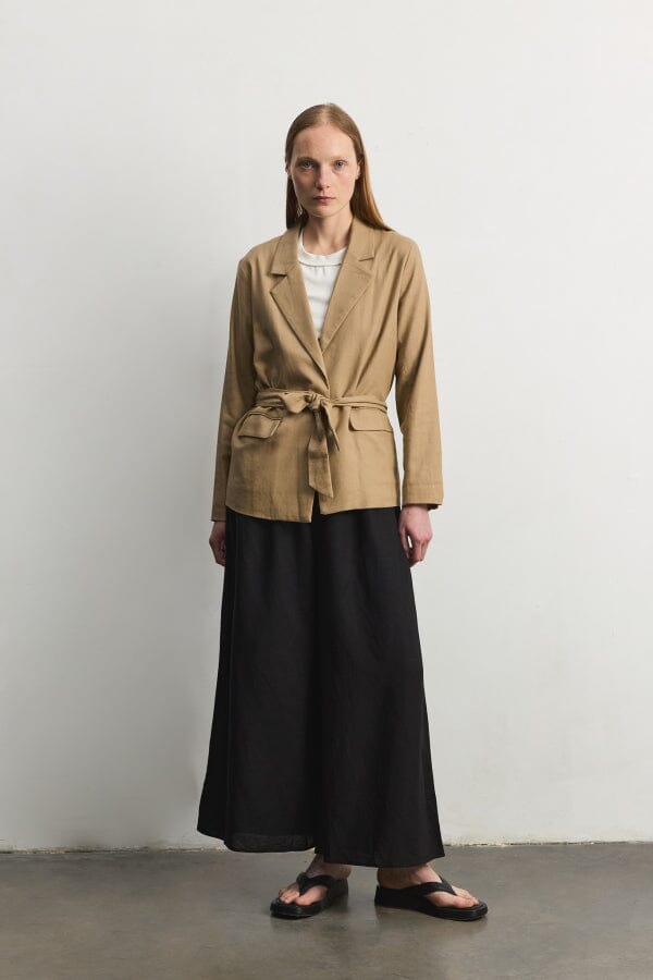 WOMEN'S LONG SLEEVE OPEN FRONT POCKETS SELF TIE BLAZER