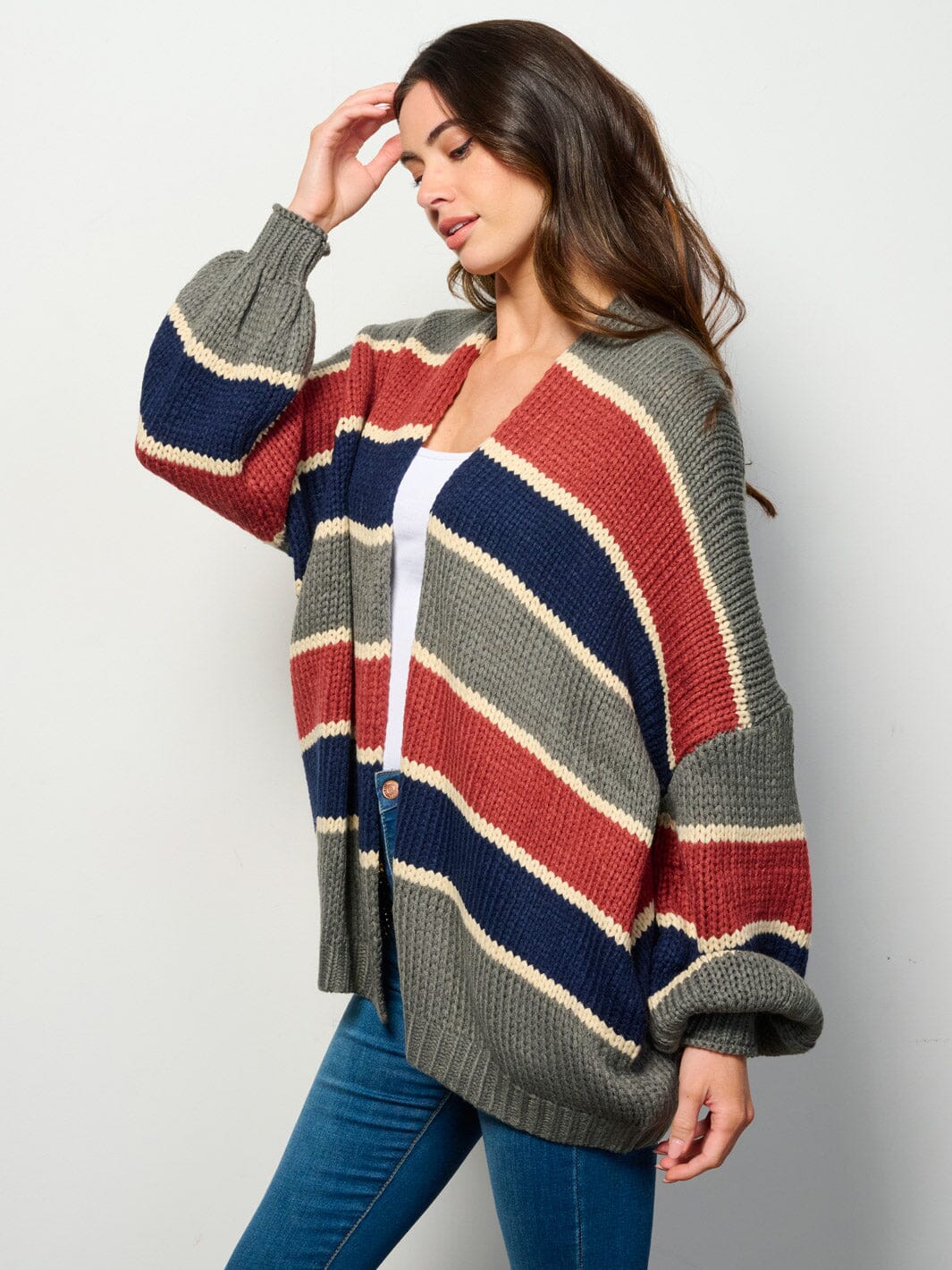 WOMEN'S LONG PUFF SLEEVE OPEN FRONT COLORBLOCK CARDIGAN