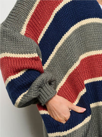 WOMEN'S LONG PUFF SLEEVE OPEN FRONT COLORBLOCK CARDIGAN