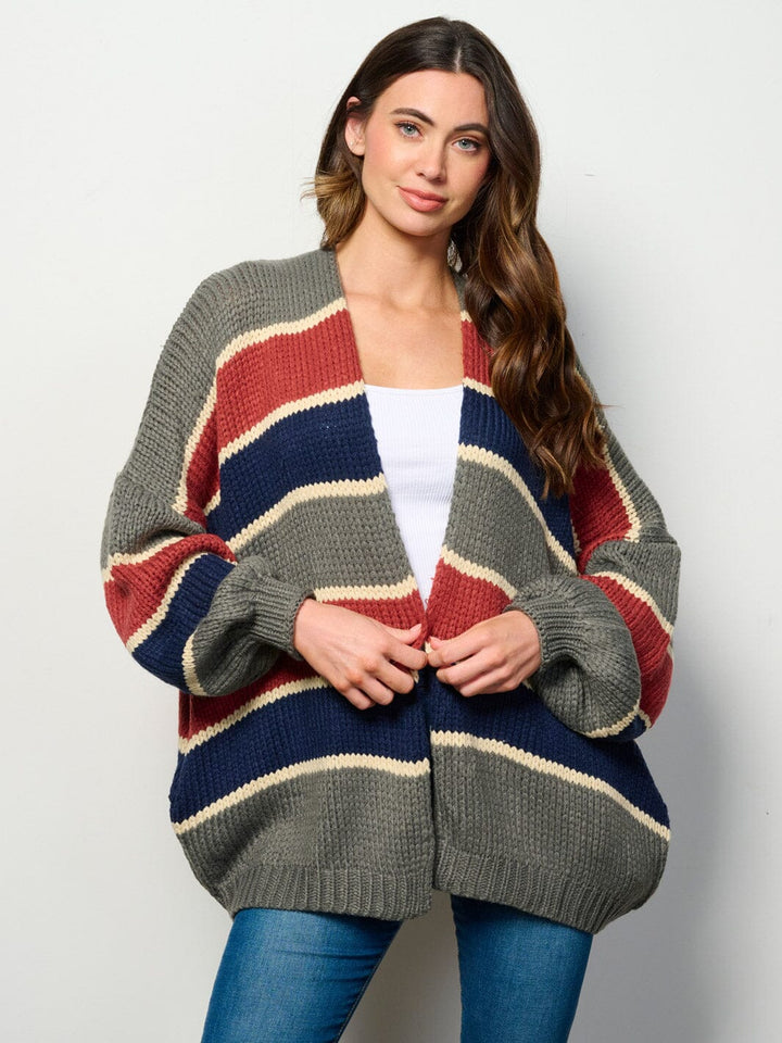 WOMEN'S LONG PUFF SLEEVE OPEN FRONT COLORBLOCK CARDIGAN