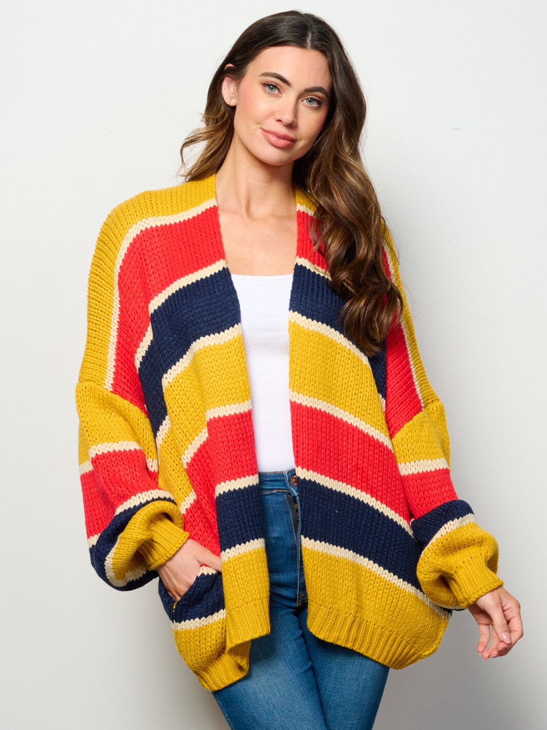 WOMEN'S LONG PUFF SLEEVE OPEN FRONT COLORBLOCK CARDIGAN