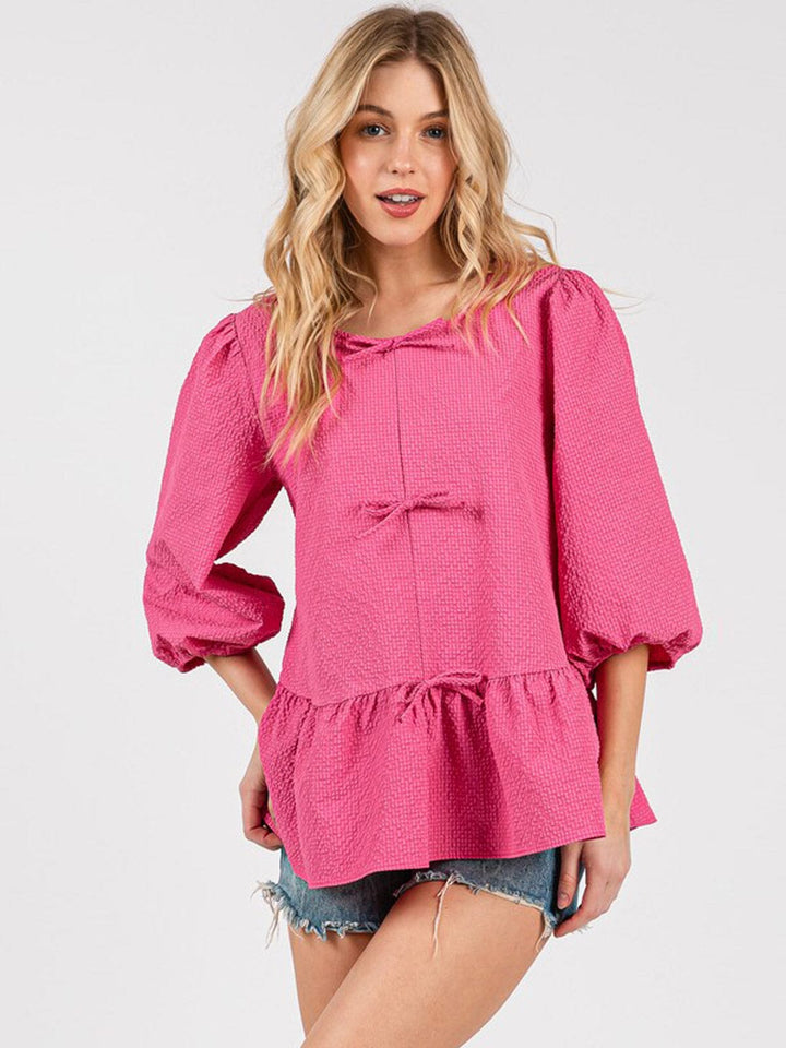 WOMEN'S 3/4 SLEEVE BOW DETAILED PEPLUM BLOUSE
