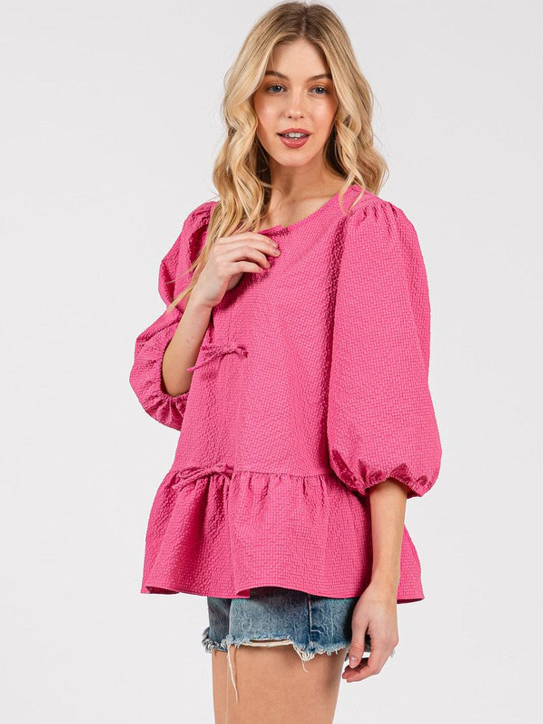 WOMEN'S 3/4 SLEEVE BOW DETAILED PEPLUM BLOUSE