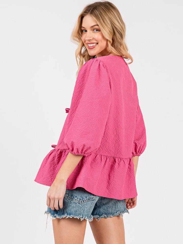 WOMEN'S 3/4 SLEEVE BOW DETAILED PEPLUM BLOUSE