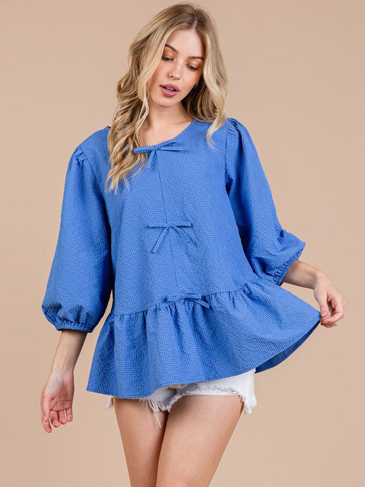 WOMEN'S 3/4 SLEEVE BOW DETAILED PEPLUM BLOUSE