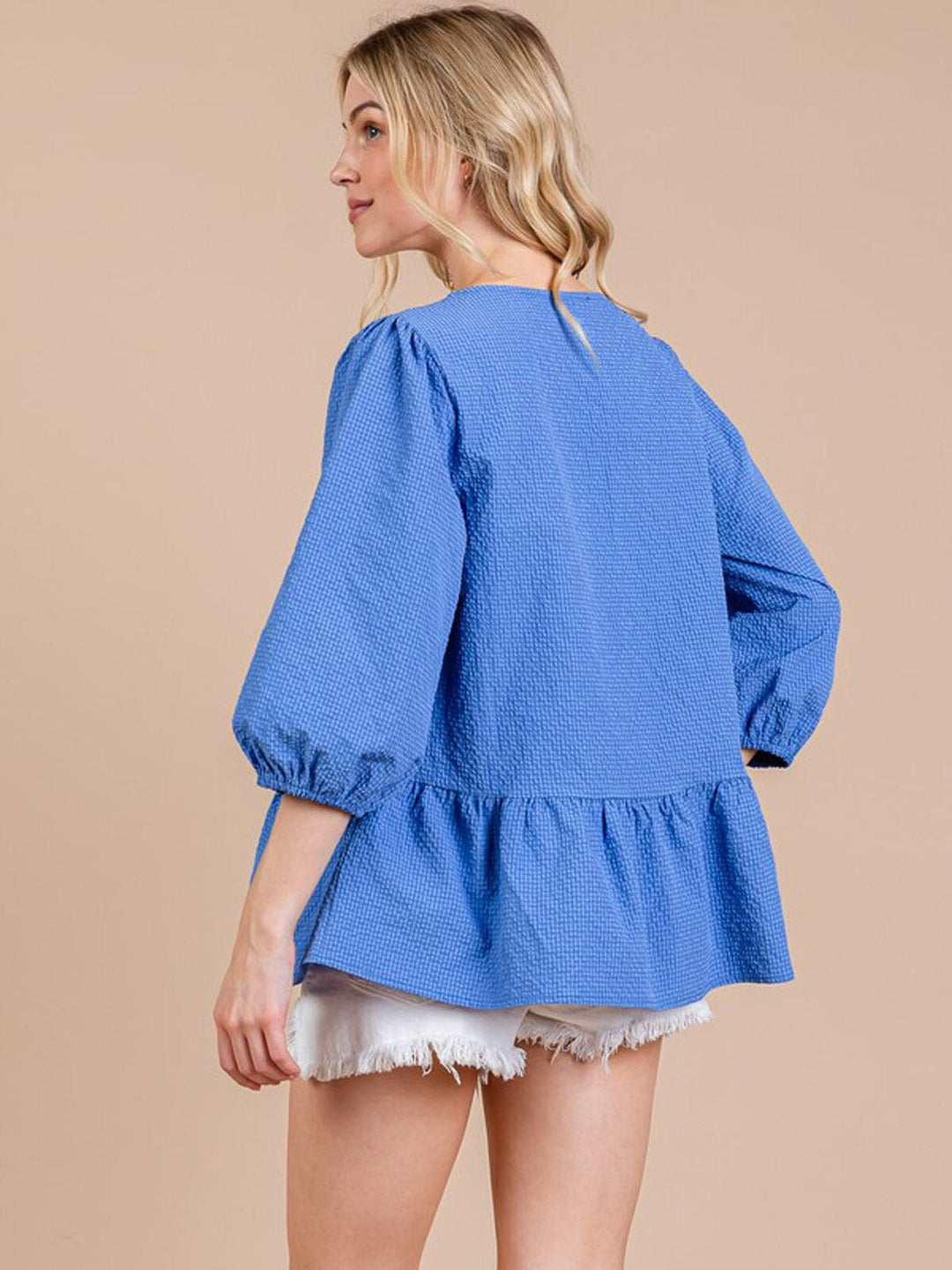WOMEN'S 3/4 SLEEVE BOW DETAILED PEPLUM BLOUSE