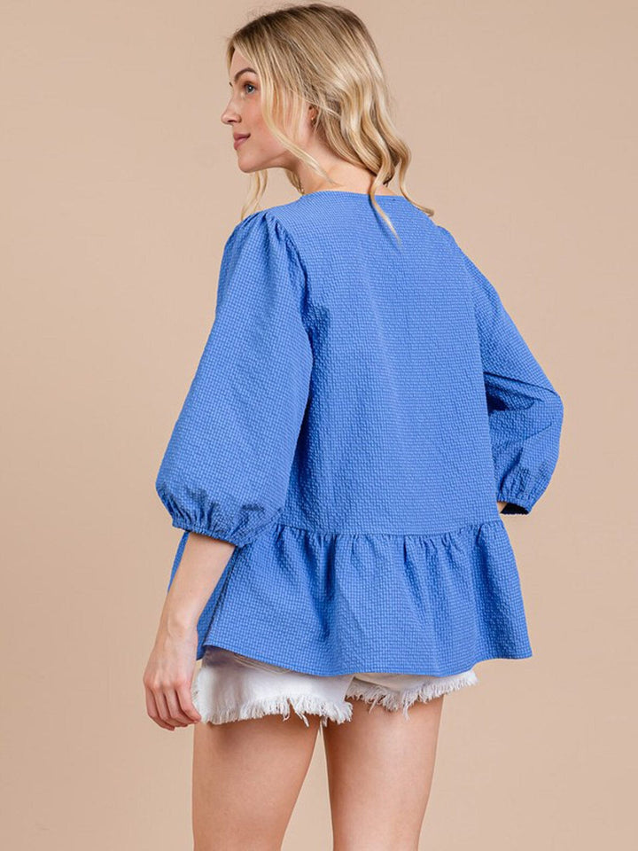 WOMEN'S 3/4 SLEEVE BOW DETAILED PEPLUM BLOUSE