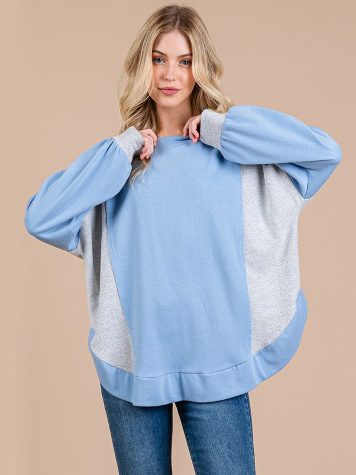 WOMEN'S LONG SLEEVE RUFFLE BOTTOM HEM COLORBLOCK TOP