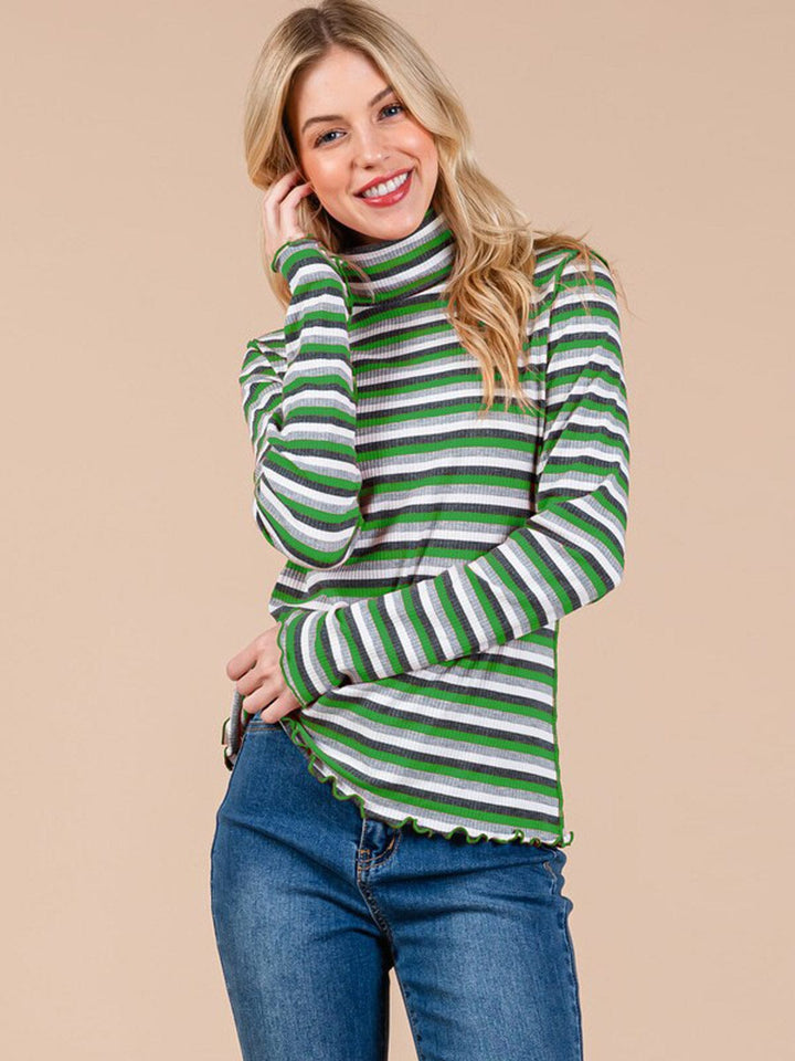WOMEN'S LONG SLEEVE TURTLE NECK COLORBLOCK STRIPES TOP