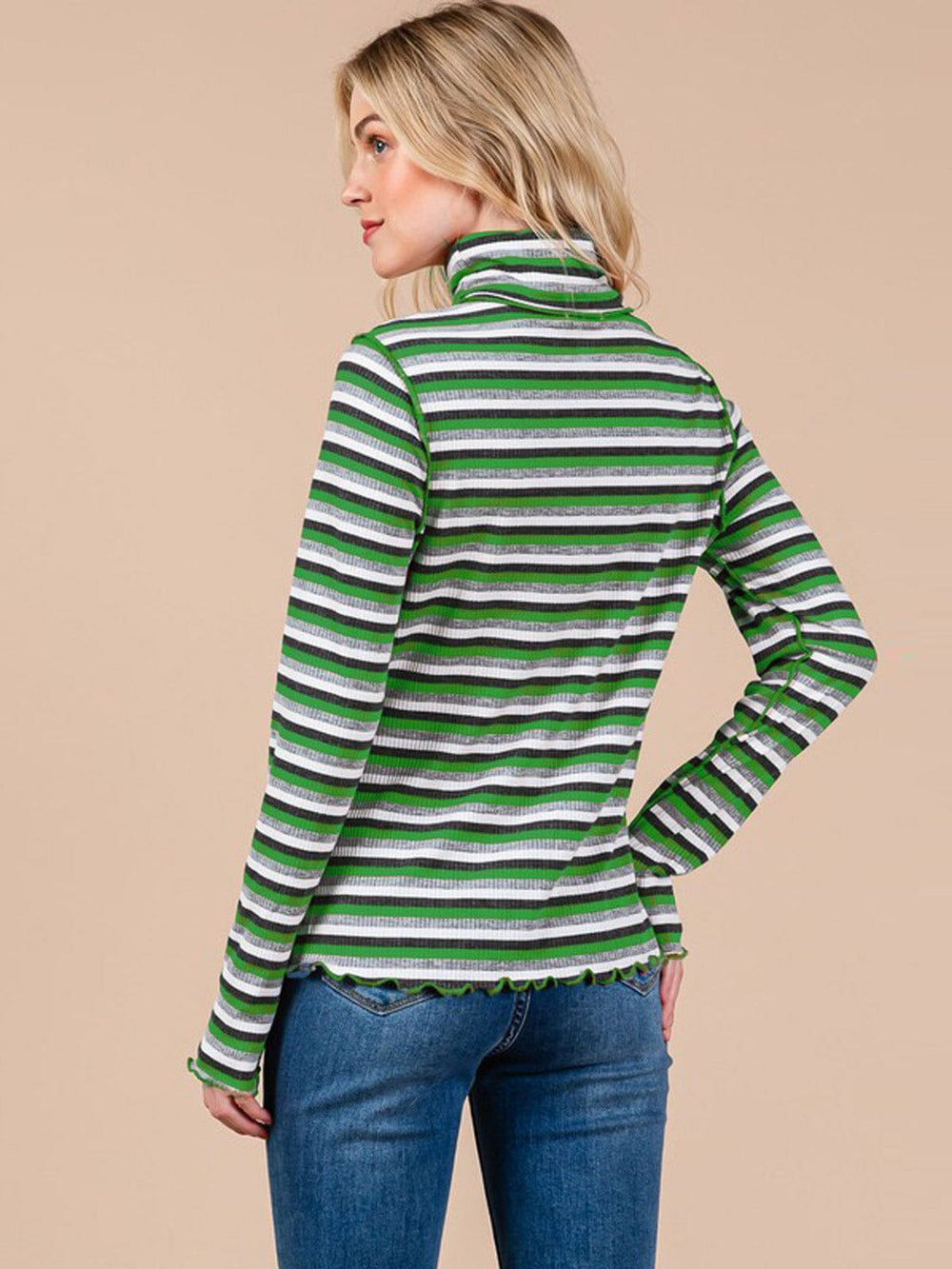 WOMEN'S LONG SLEEVE TURTLE NECK COLORBLOCK STRIPES TOP