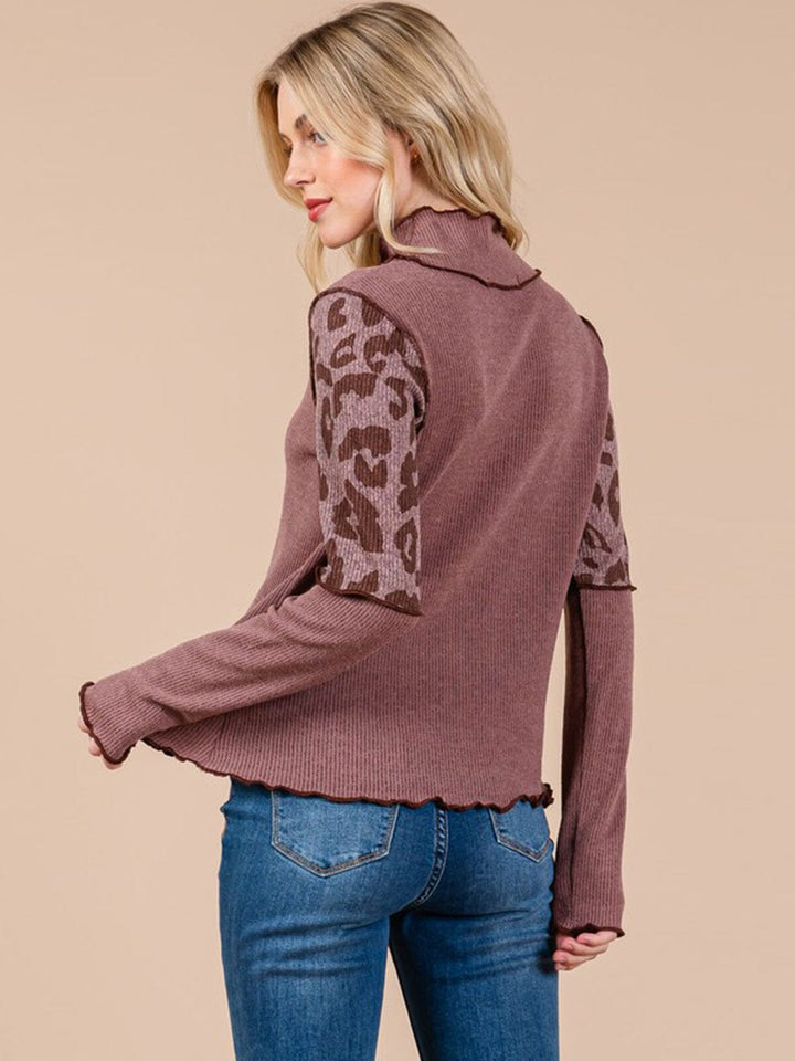 WOMEN'S LONG SLEEVE MOCK NECK ANIMAL PRINT RIBBED TOP