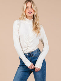 WOMEN'S LONG SLEEVE TURTLE NECK FRONT RUCHED TOP