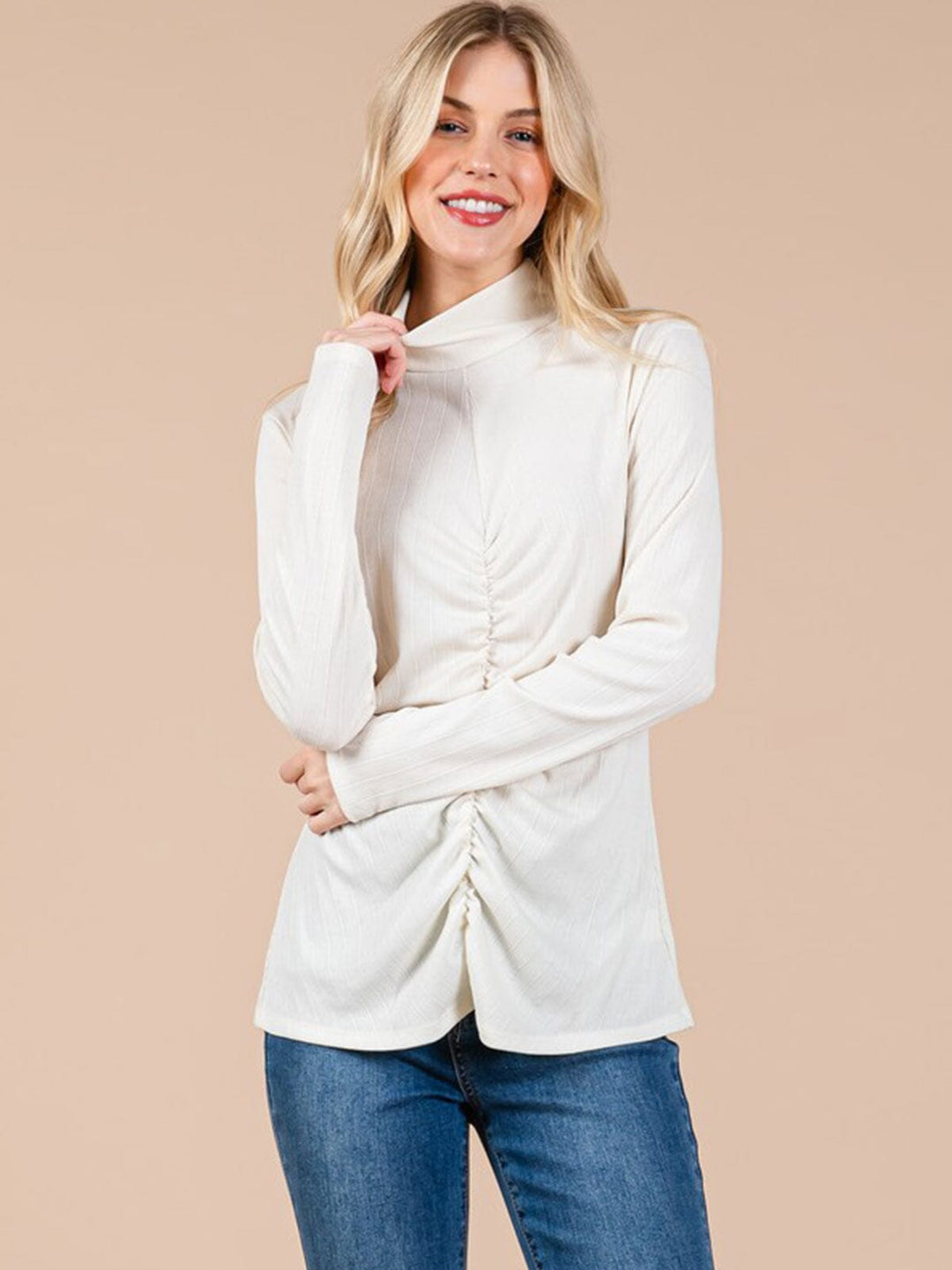 WOMEN'S LONG SLEEVE TURTLE NECK FRONT RUCHED TOP