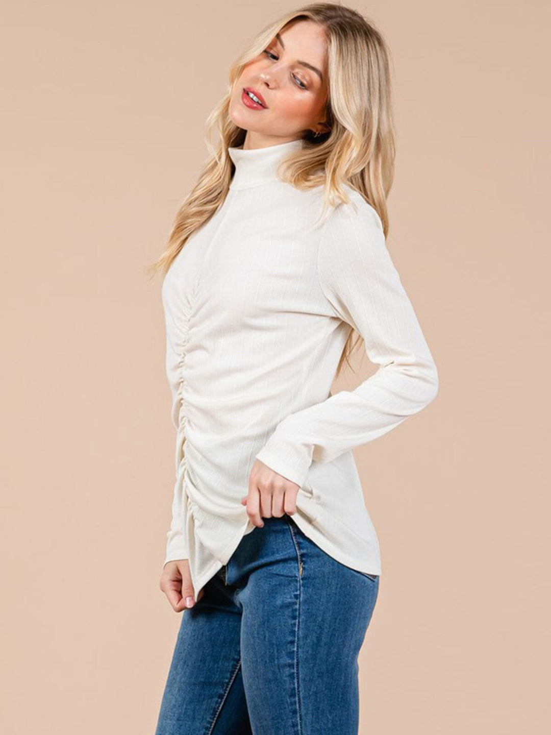 WOMEN'S LONG SLEEVE TURTLE NECK FRONT RUCHED TOP