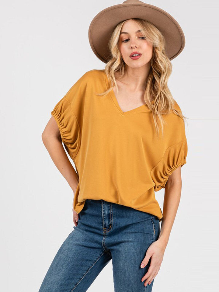 WOMEN'S SHORT SLEEVE V-NECK SOLID BLOUSE