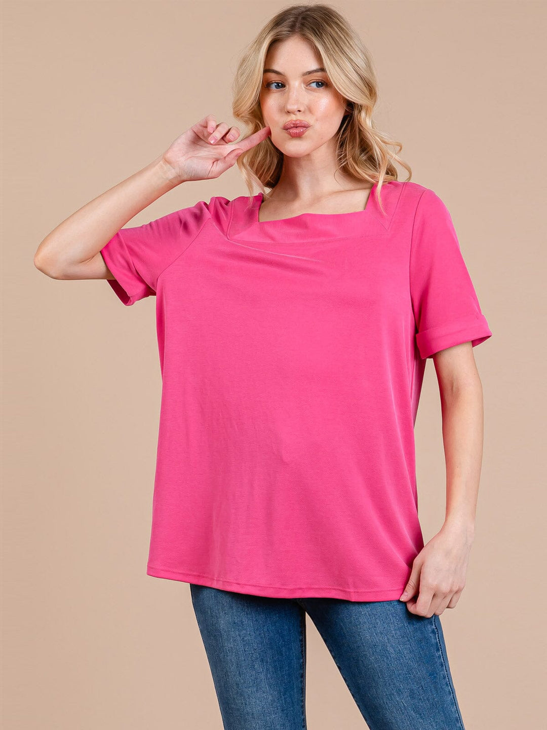 WOMEN'S SHORT SLEEVE SQUARE NECK BLOUSE