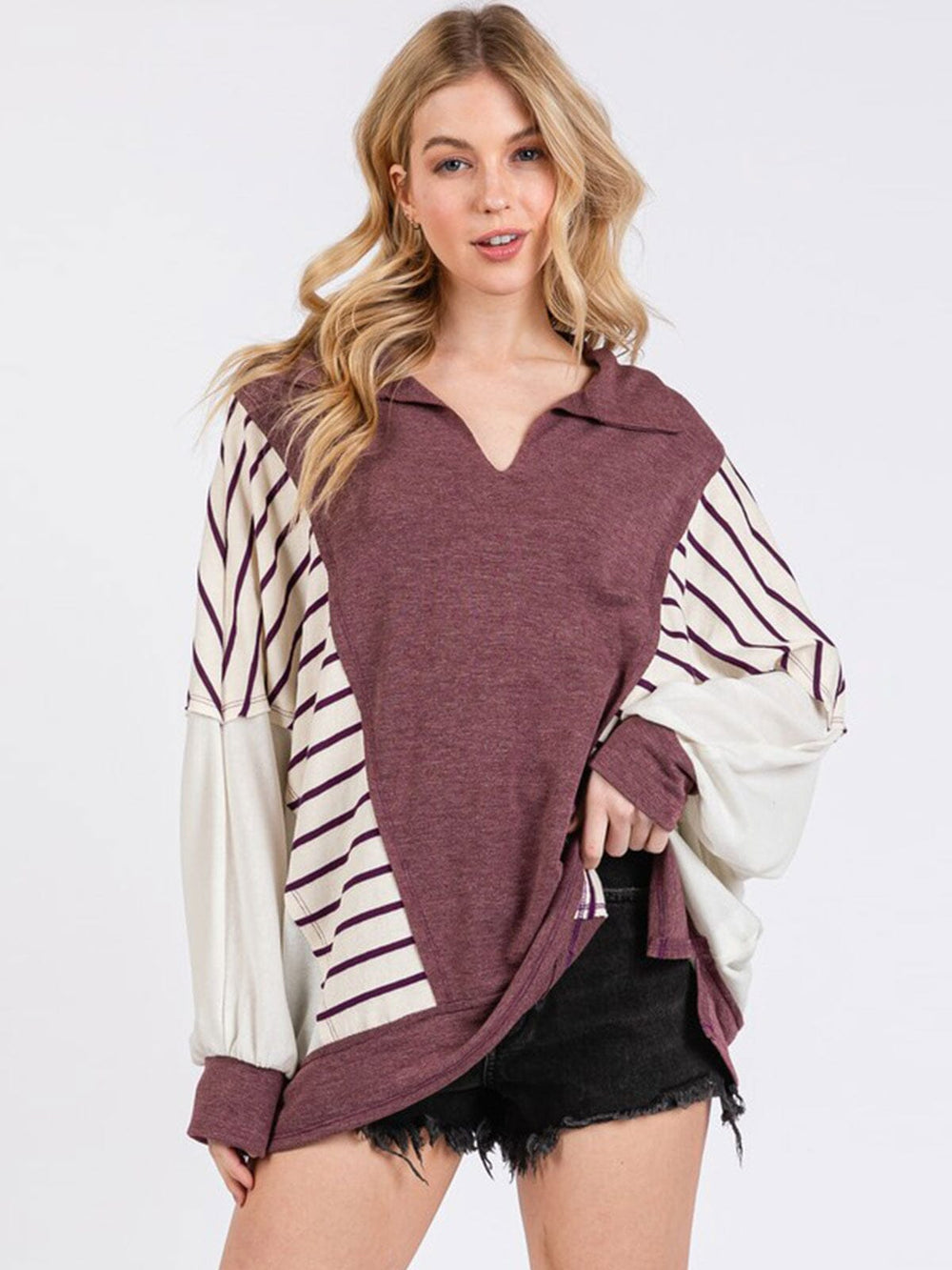 WOMEN'S LONG SLEEVE V-NECK OVERSIZED STRIPES COLORBLOCK TOP