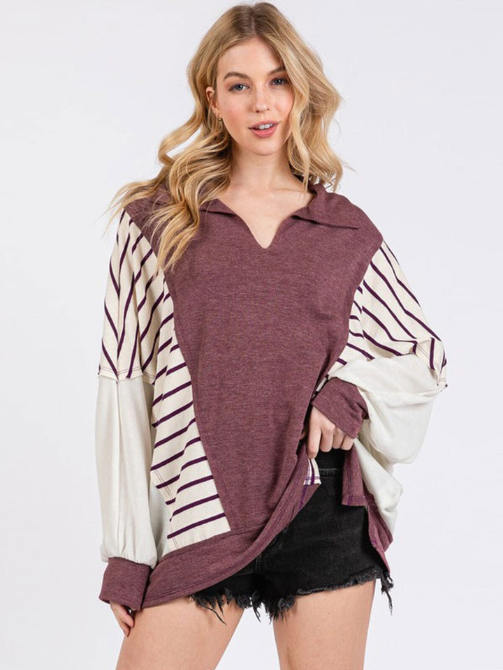 WOMEN'S LONG SLEEVE V-NECK OVERSIZED STRIPES COLORBLOCK TOP