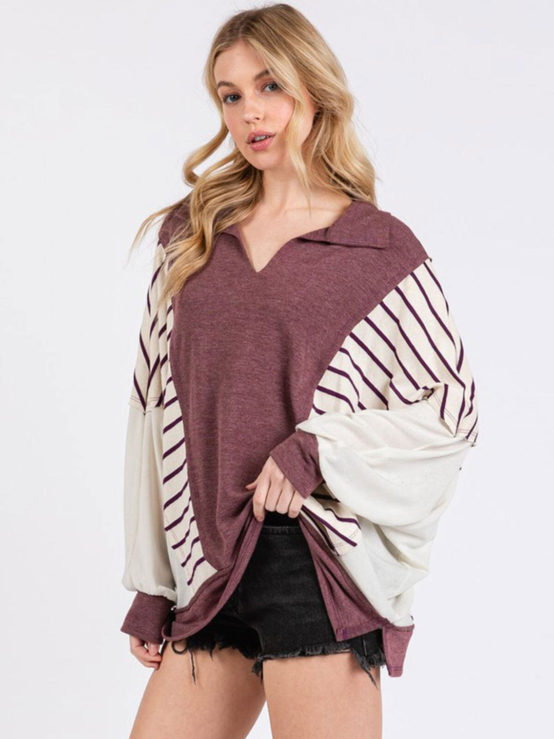 WOMEN'S LONG SLEEVE V-NECK OVERSIZED STRIPES COLORBLOCK TOP