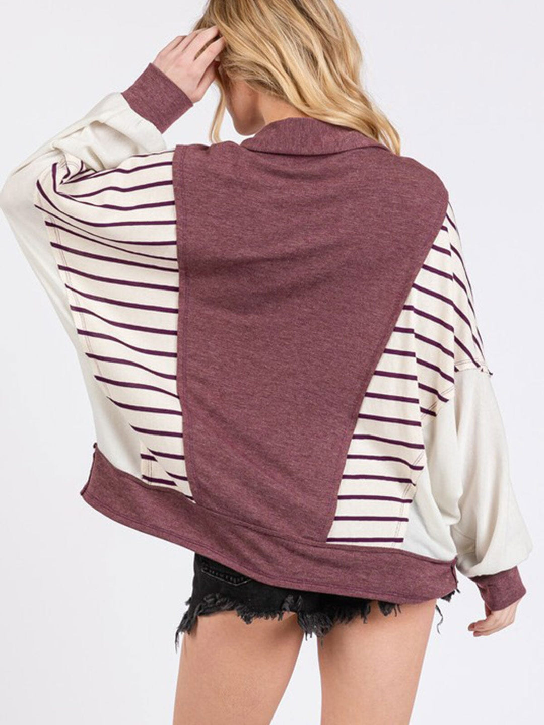 WOMEN'S LONG SLEEVE V-NECK OVERSIZED STRIPES COLORBLOCK TOP