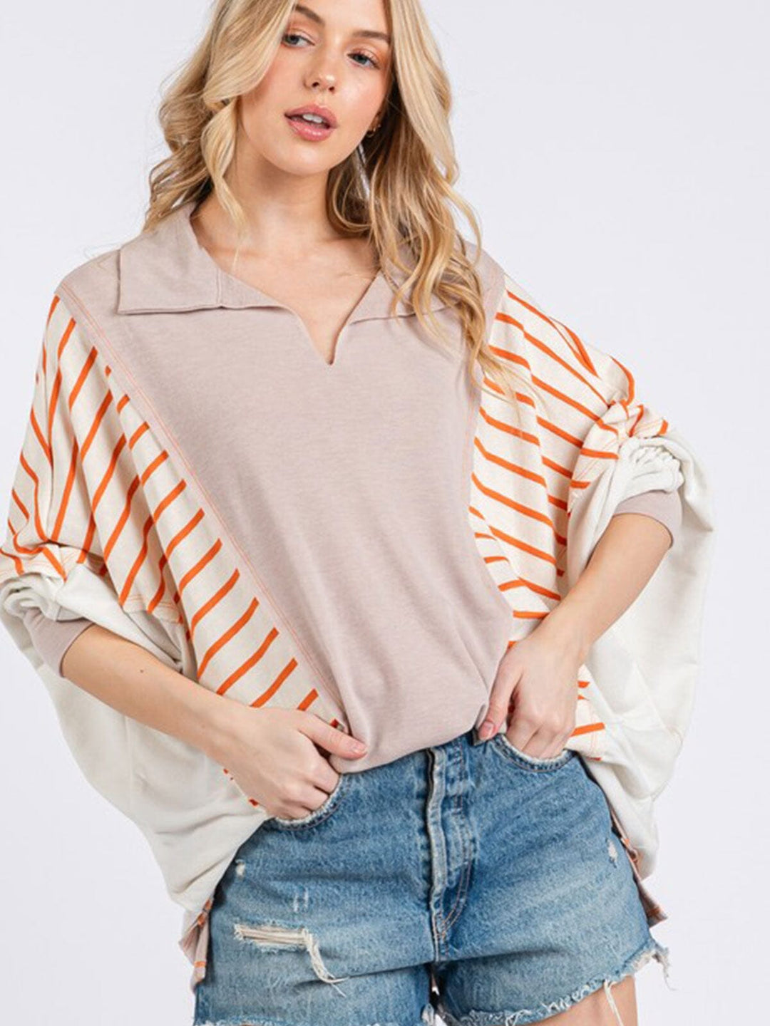 WOMEN'S LONG SLEEVE V-NECK OVERSIZED STRIPES COLORBLOCK TOP