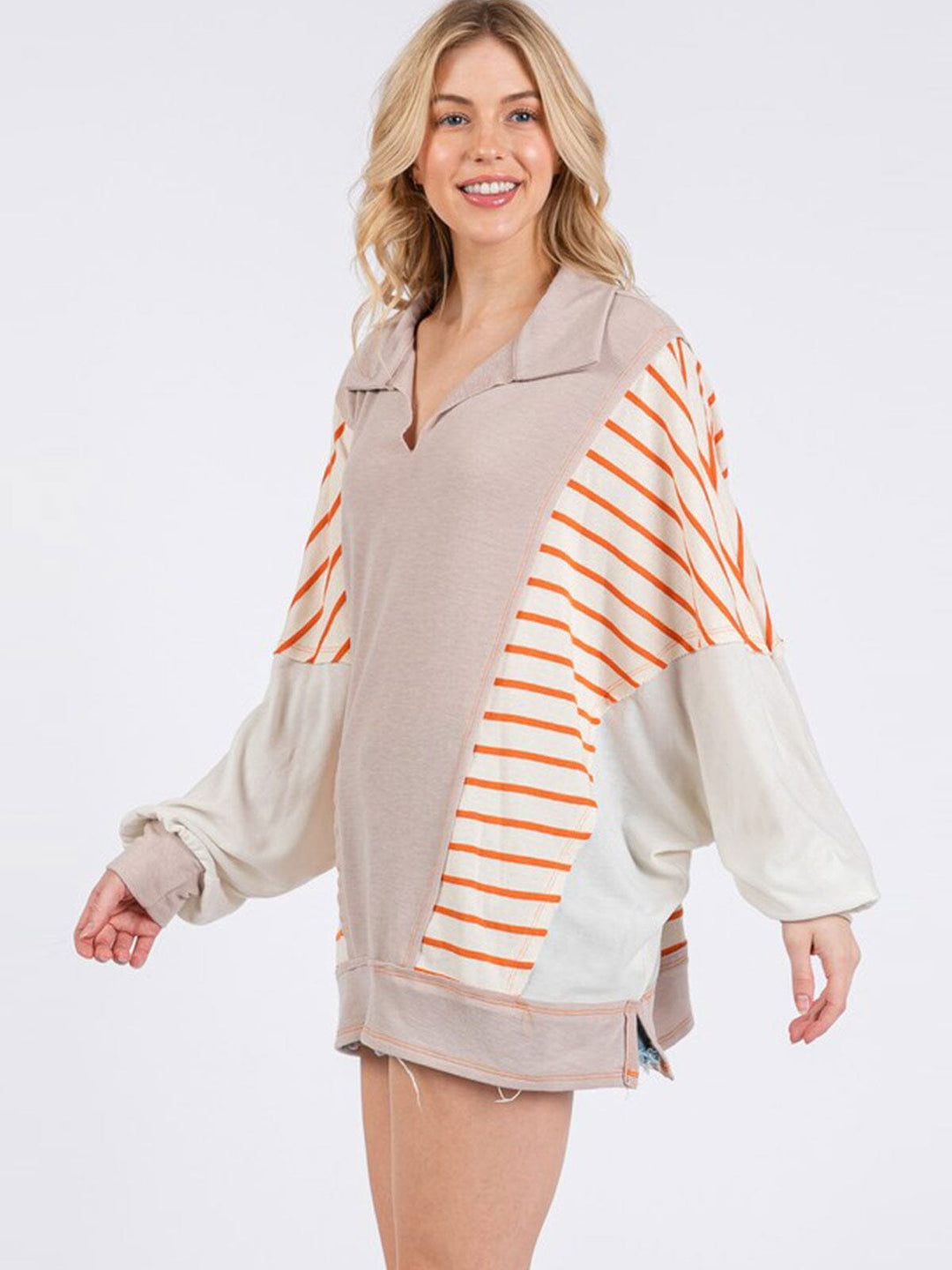 WOMEN'S LONG SLEEVE V-NECK OVERSIZED STRIPES COLORBLOCK TOP