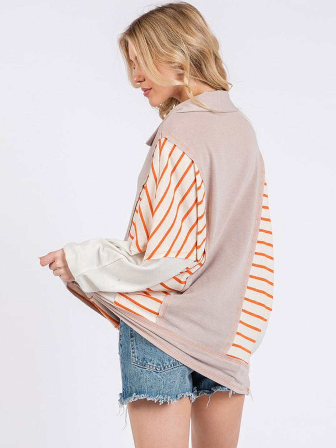 WOMEN'S LONG SLEEVE V-NECK OVERSIZED STRIPES COLORBLOCK TOP