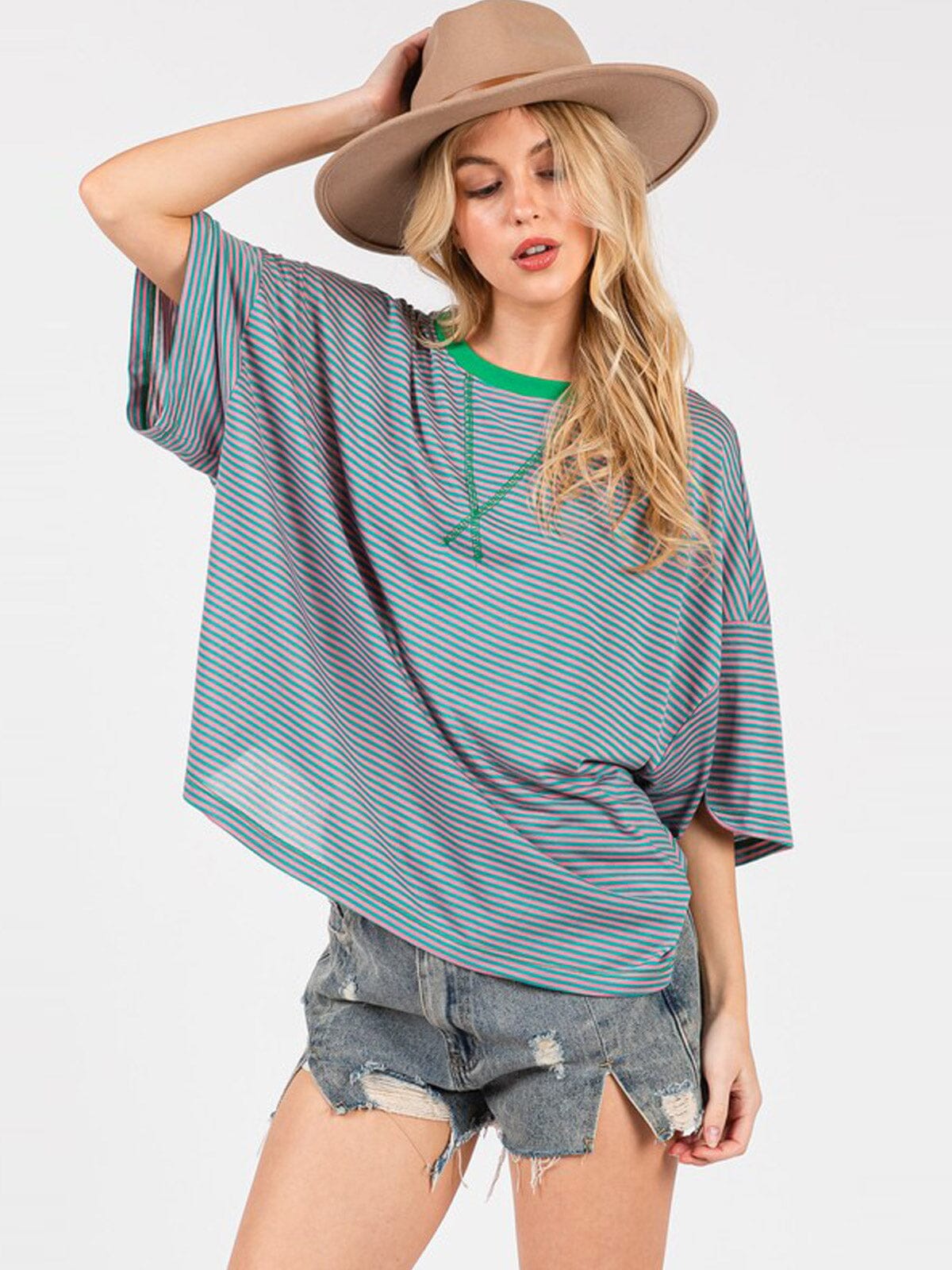WOMEN'S SHORT SLEEVE COLORBLOCK STRIPES TOP