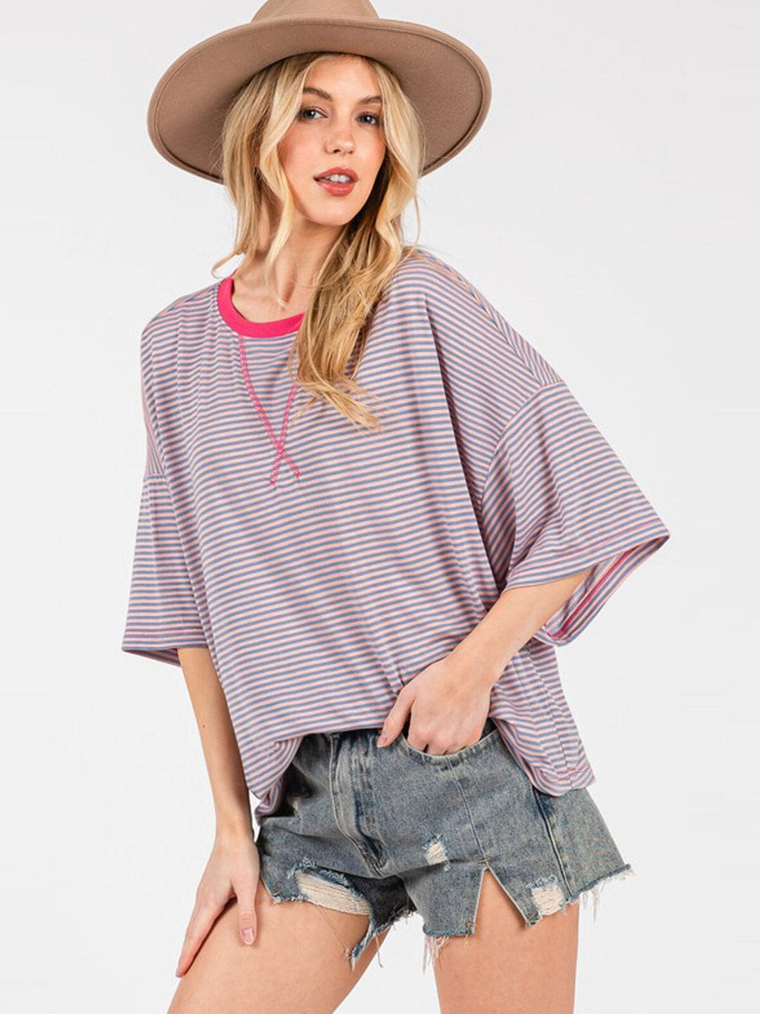 WOMEN'S SHORT SLEEVE COLORBLOCK STRIPES TOP