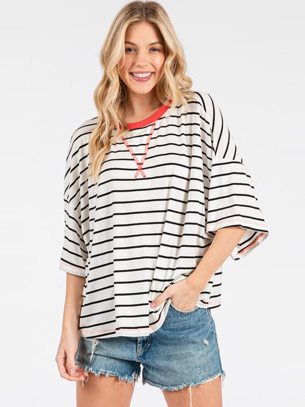 WOMEN'S SHORT SLEEVE COLORBLOCK STRIPES TOP