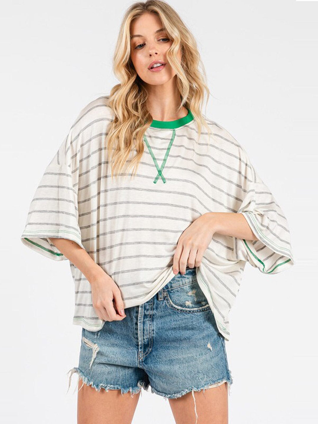 WOMEN'S SHORT SLEEVE COLORBLOCK STRIPES TOP