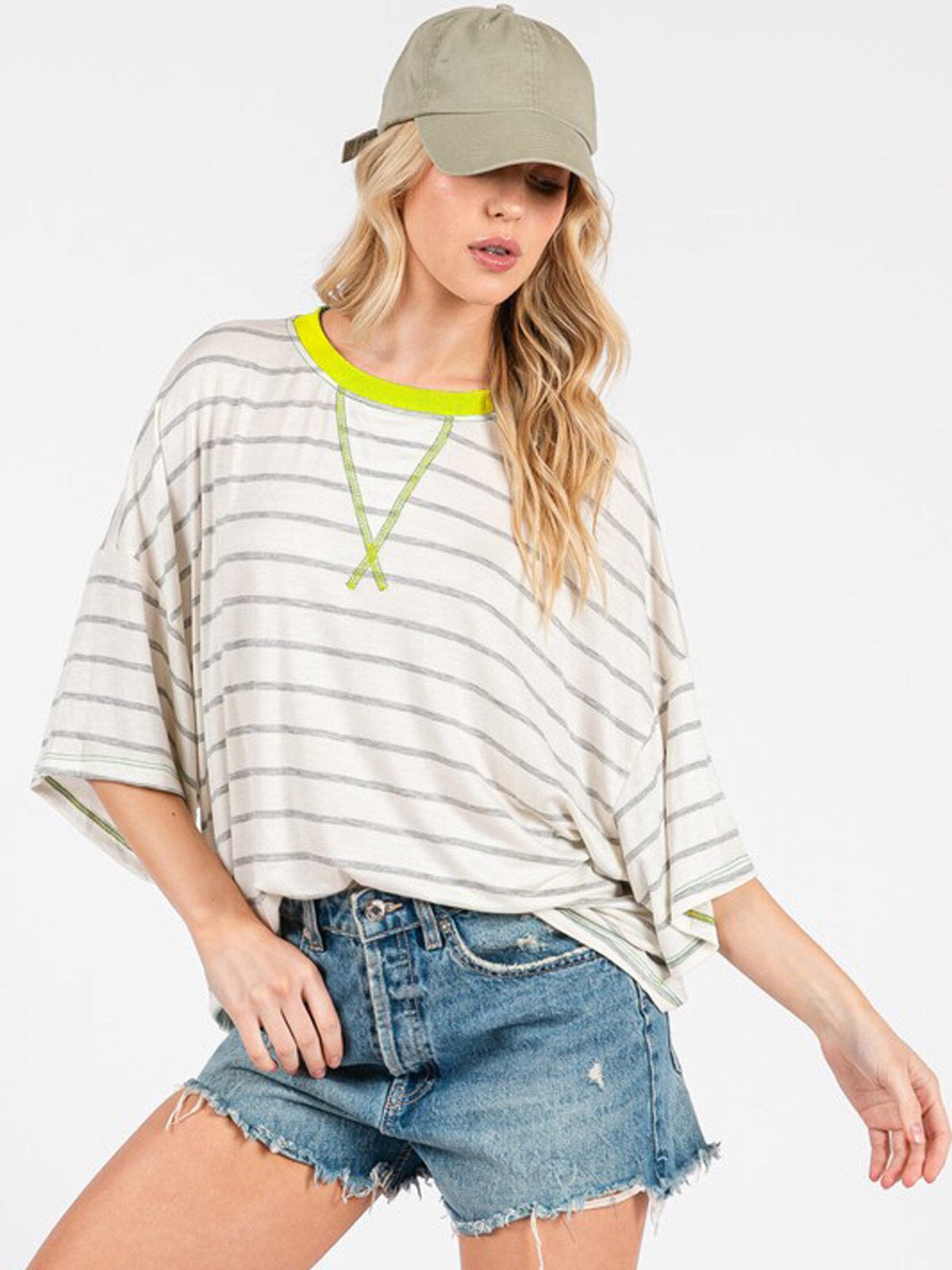 WOMEN'S SHORT SLEEVE COLORBLOCK STRIPES TOP