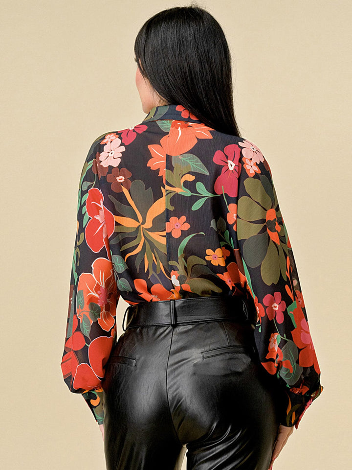 WOMEN'S LONG SLEEVES BUTTON UP FLOWER PRINT BLOUSE