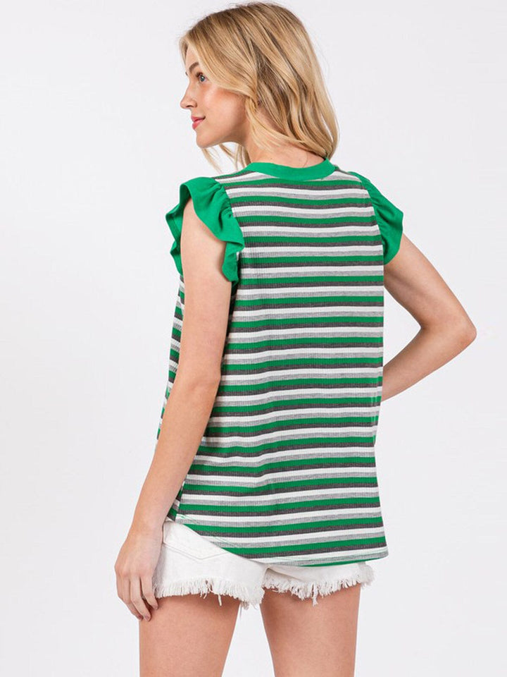 WOMEN'S RUFFLE SLEEVE COLORBLOCK STRIPES TUNIC TOP