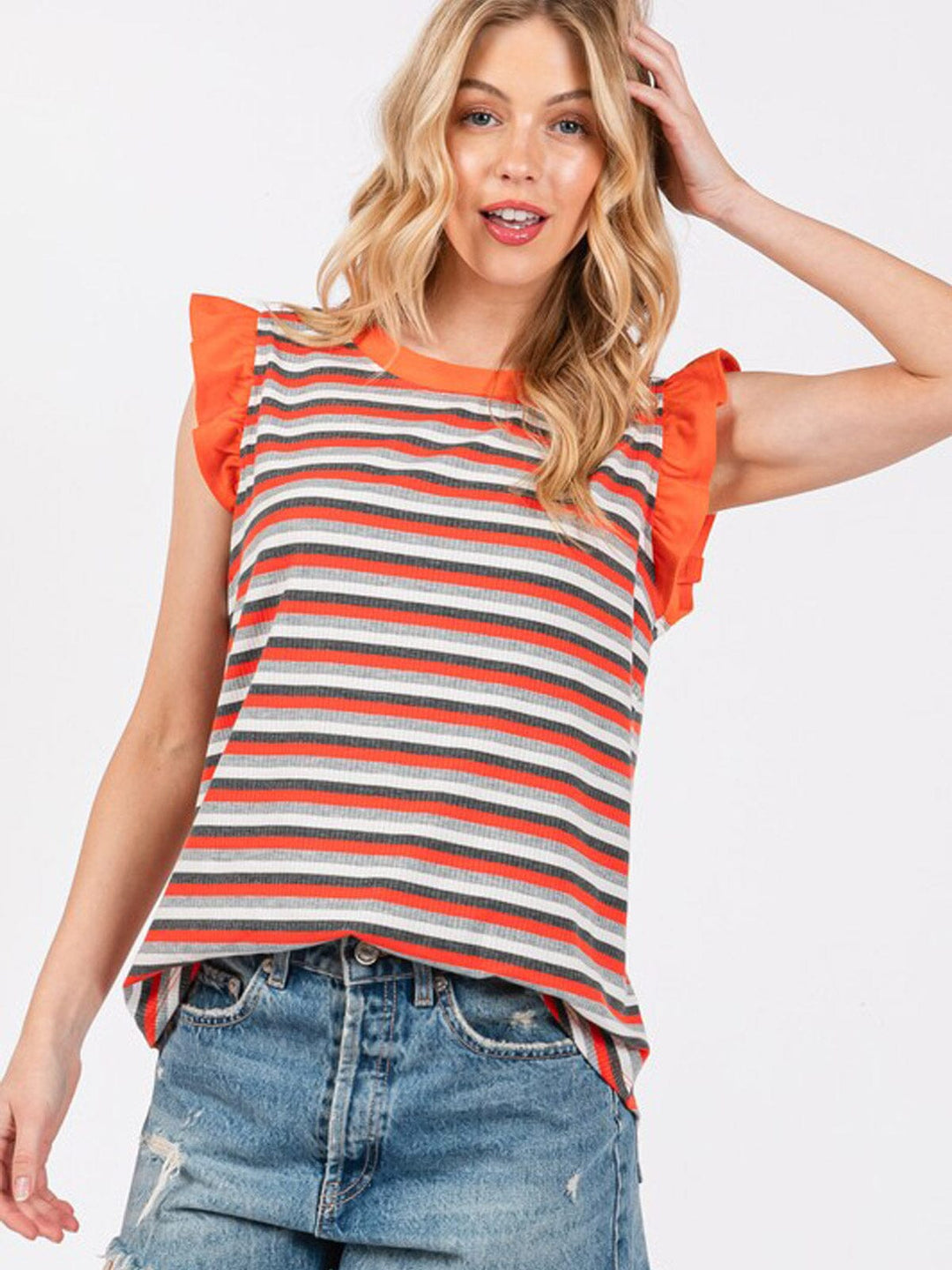 WOMEN'S RUFFLE SLEEVE COLORBLOCK STRIPES TUNIC TOP