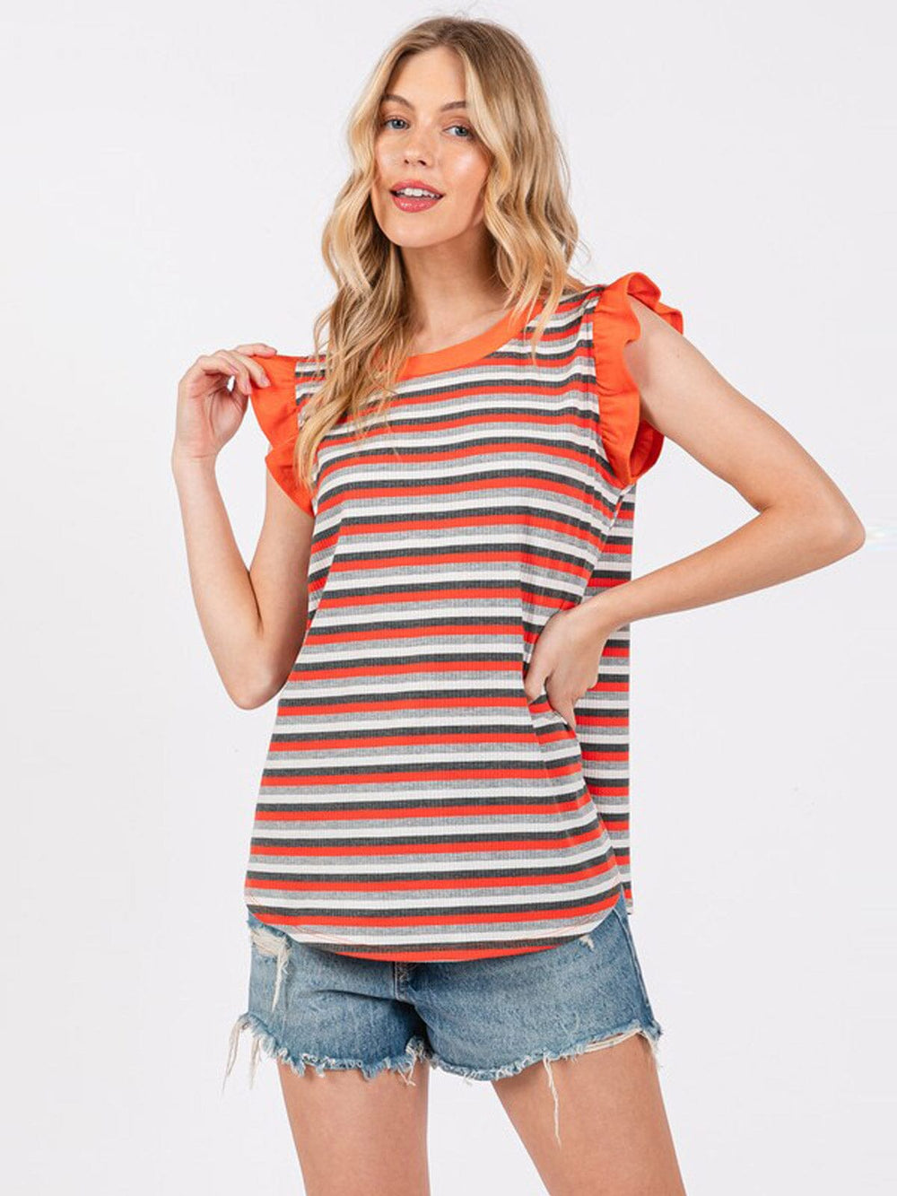 WOMEN'S RUFFLE SLEEVE COLORBLOCK STRIPES TUNIC TOP
