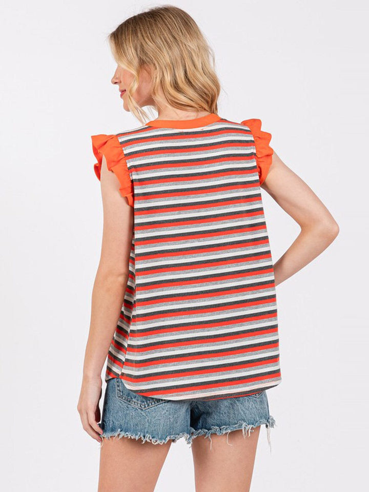 WOMEN'S RUFFLE SLEEVE COLORBLOCK STRIPES TUNIC TOP