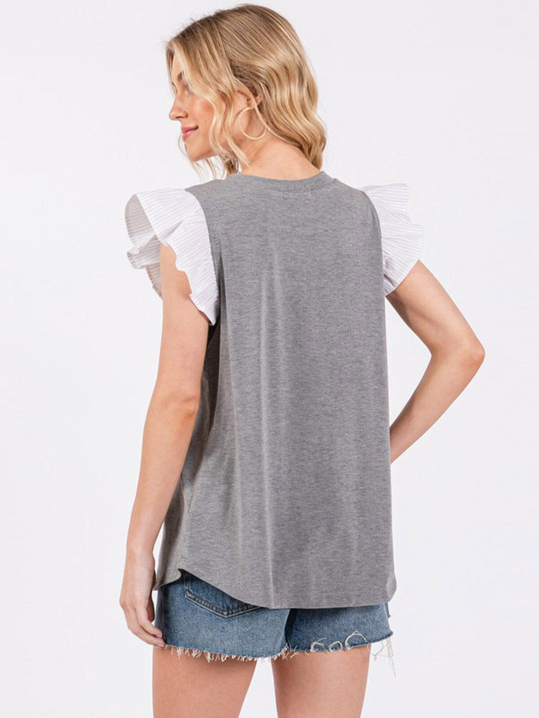 WOMEN'S SHORT RUFFLE SLEEVE CONTRAST BLOUSE