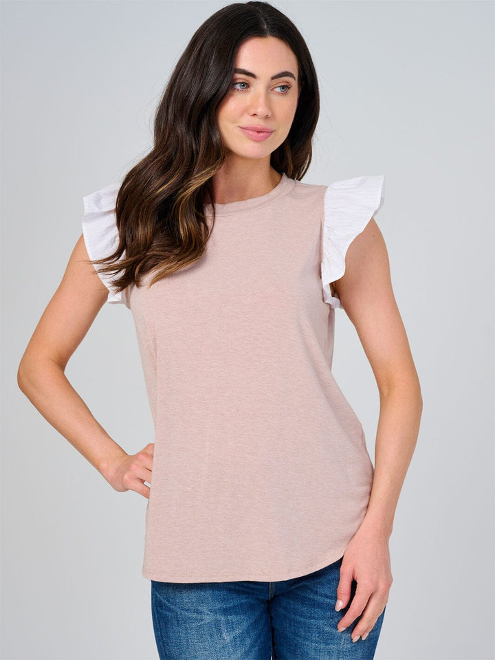 WOMEN'S SHORT RUFFLE SLEEVE CONTRAST BLOUSE