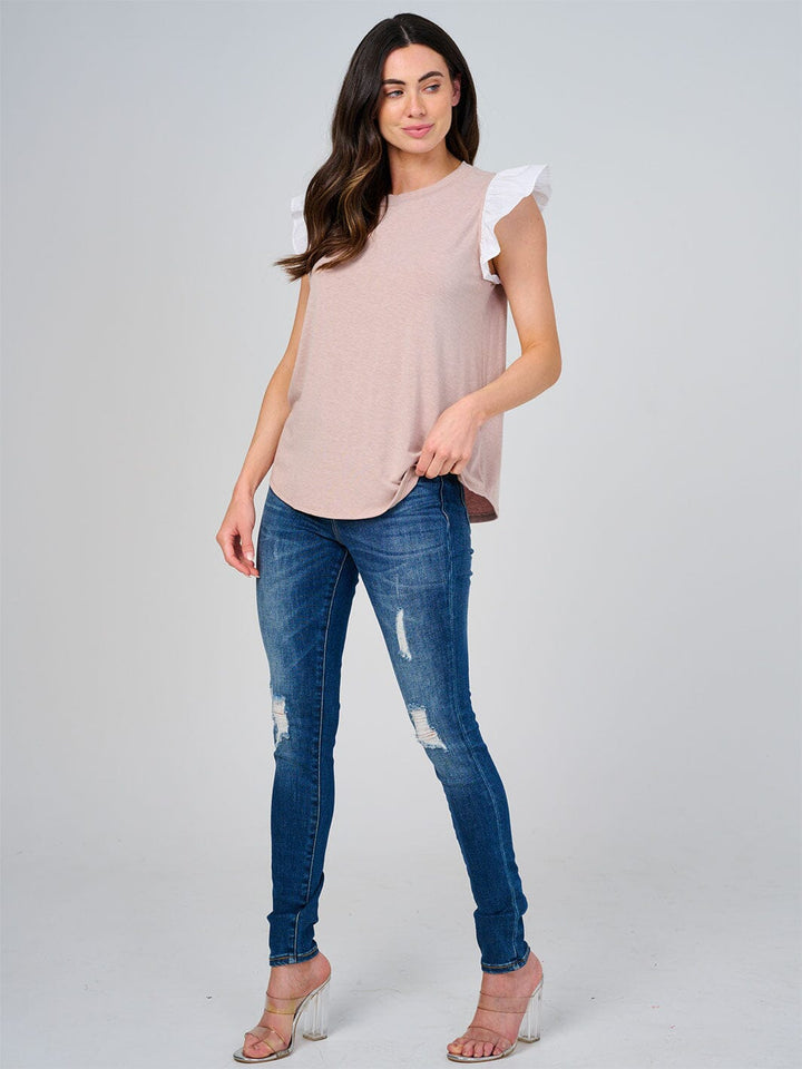 WOMEN'S SHORT RUFFLE SLEEVE CONTRAST BLOUSE