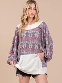 WOMEN'S LONG SLEEVE FRONT POCKET MULTI PRINT RIBBED OVERSIZED TOP