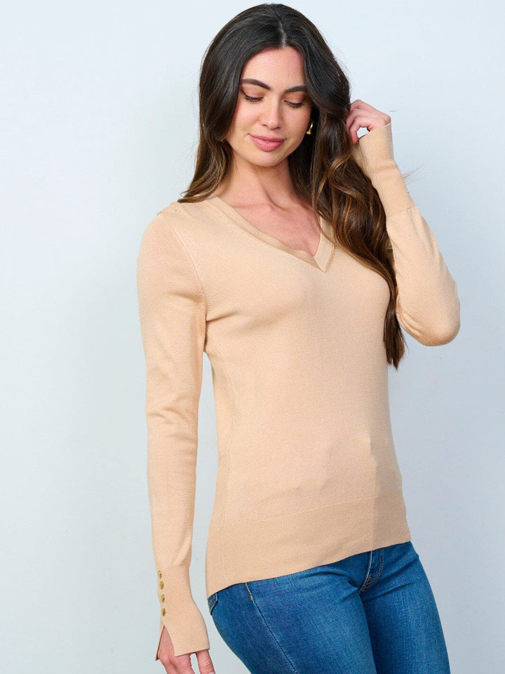 WOMEN'S LONG SLEEVE V-NECK BUTTON DETAILED TOP