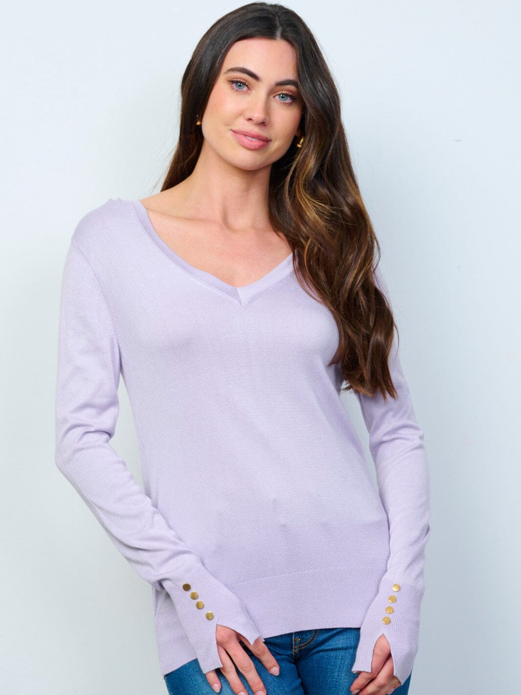 WOMEN'S LONG SLEEVE V-NECK BUTTON DETAILED TOP