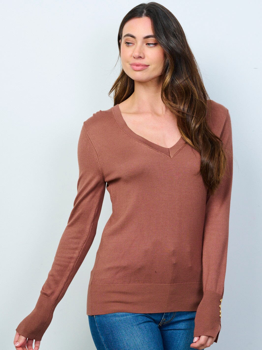WOMEN'S LONG SLEEVE V-NECK BUTTON DETAILED TOP