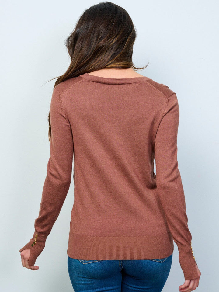 WOMEN'S LONG SLEEVE V-NECK BUTTON DETAILED TOP