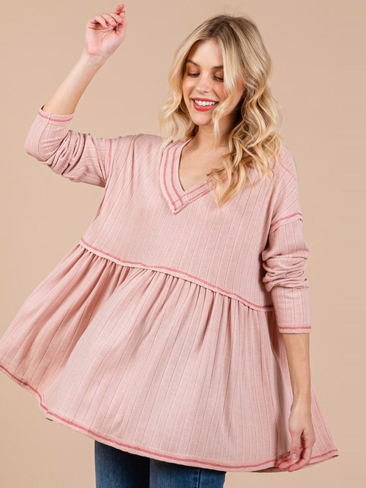 WOMEN'S LONG SLEEVE V-NECK OVERSIZED TOP