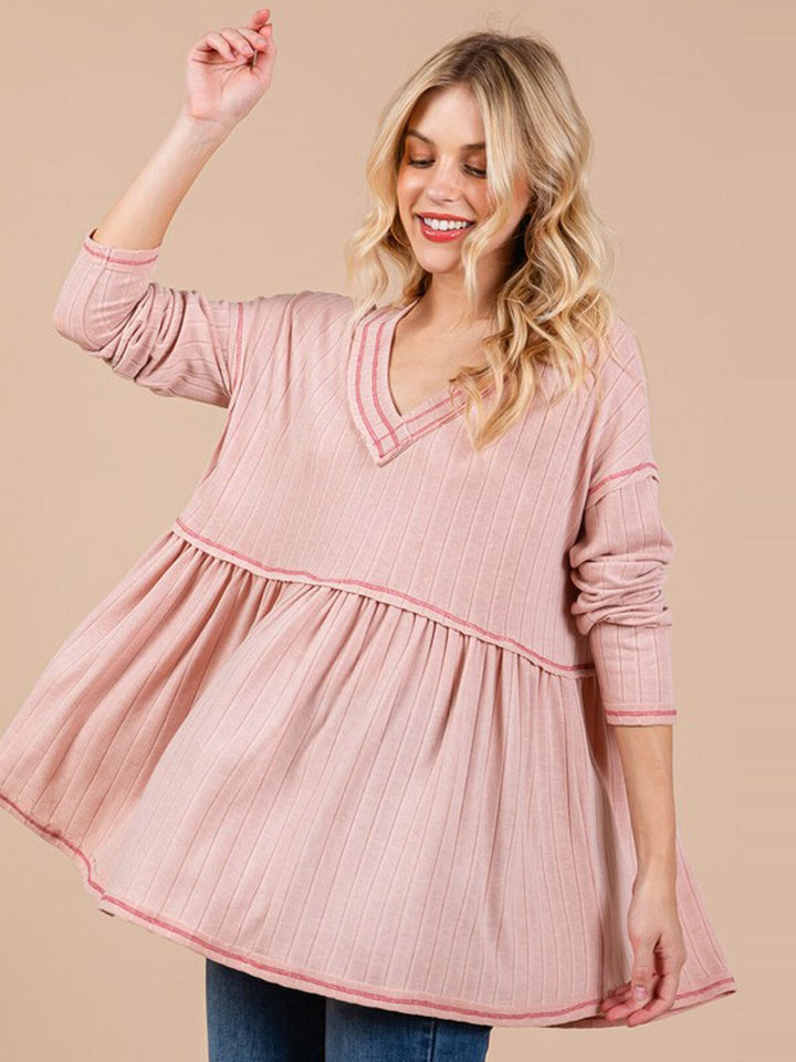 WOMEN'S LONG SLEEVE V-NECK OVERSIZED TOP